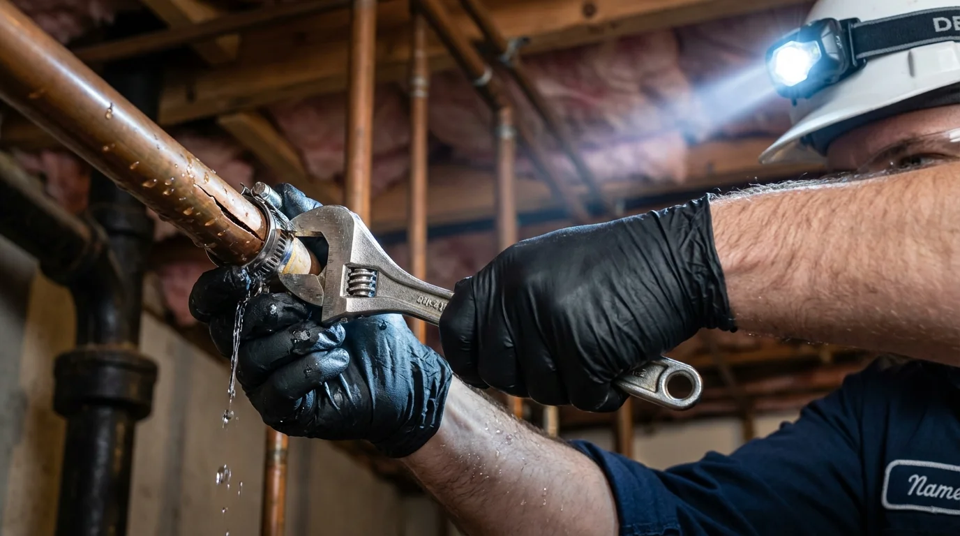Emergency pipe clamp repair being performed by a Johns Plumbing LLC plumber in Sunman