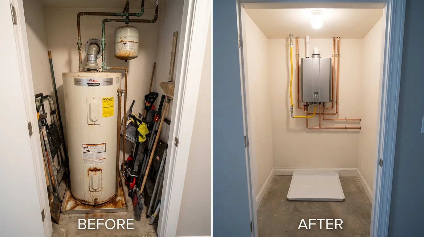 Tank water heater versus wall-mounted tankless unit comparison for Sunman, IN homeowners