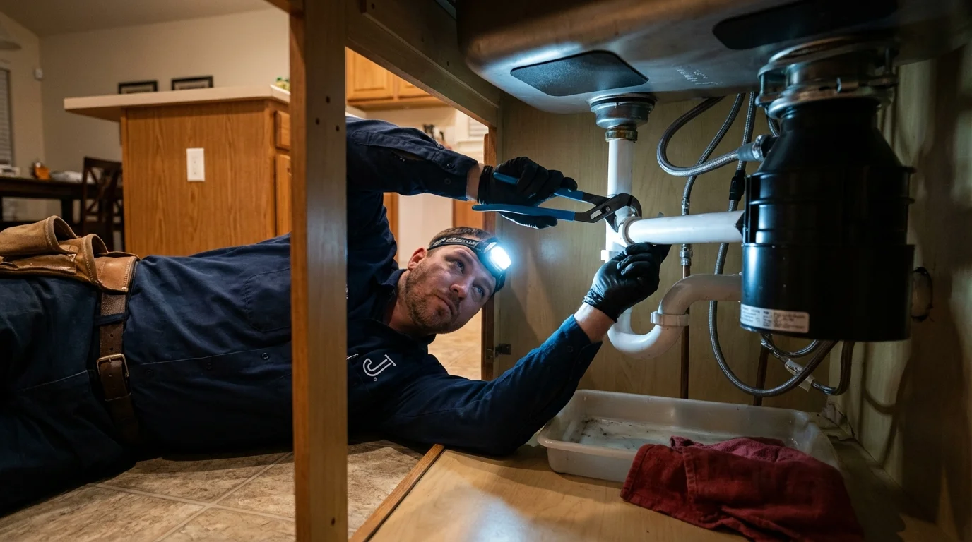 P-trap and supply line connections under a kitchen sink showing a common leak point in Sunman, IN